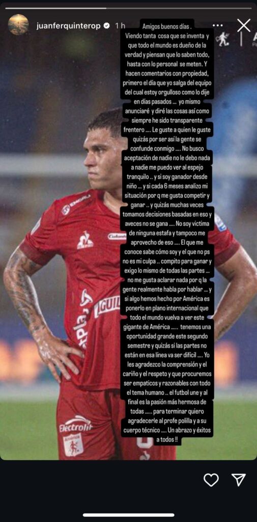 Historia de Juanfer Quintero en Instagram.