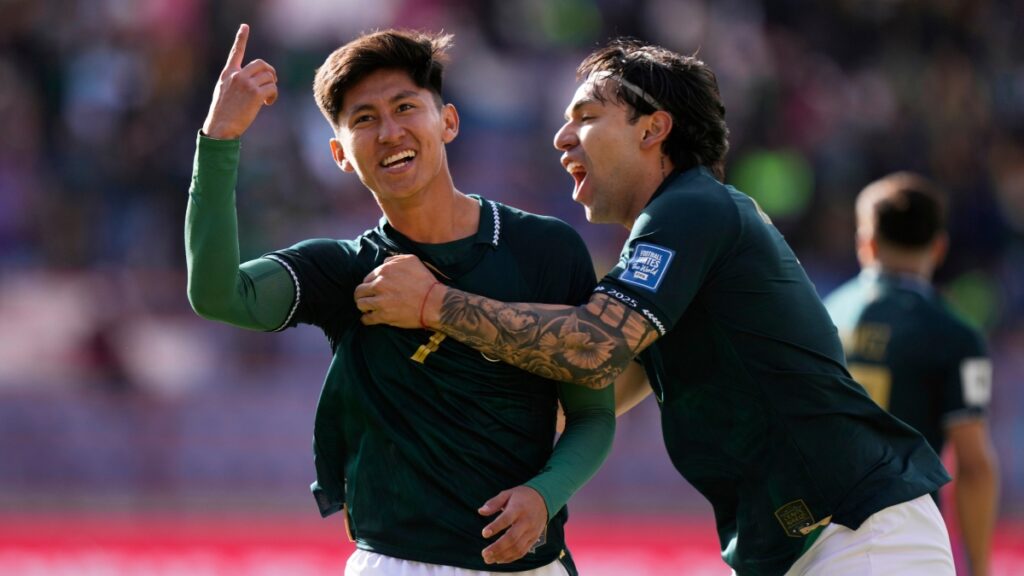 Jugadores bolivianos celebran el gol ante Chile.