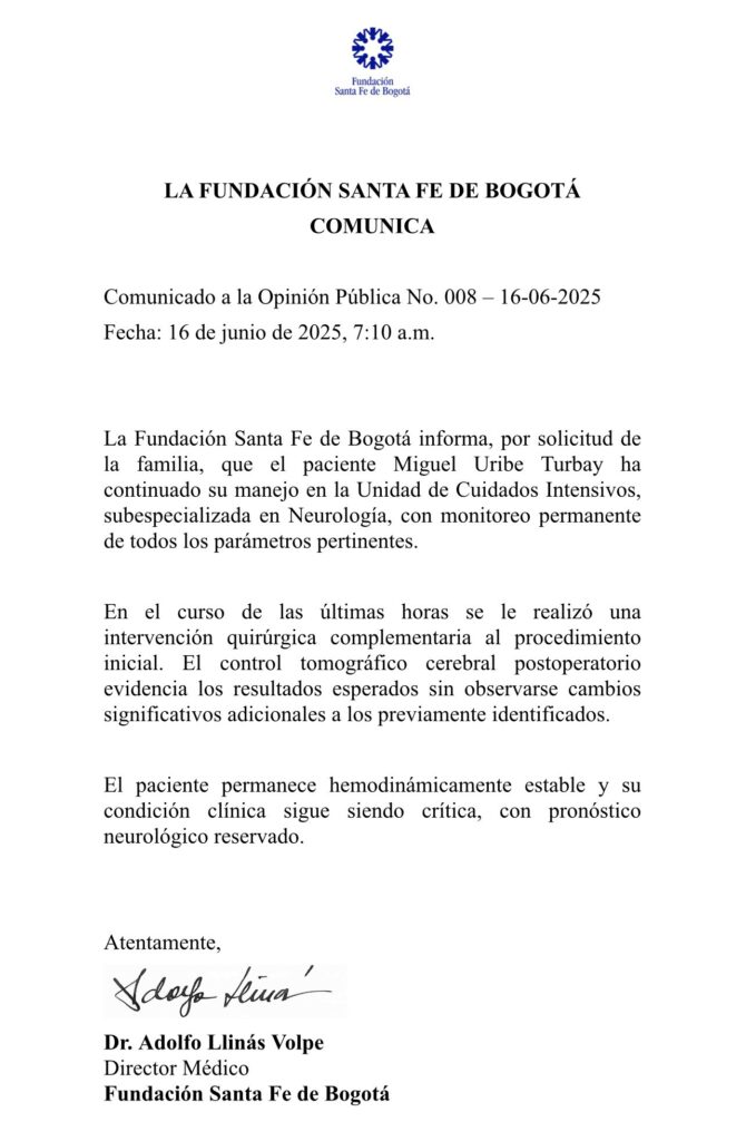 Nuevo parte médico de Miguel Uribe, lunes 16 de junio.