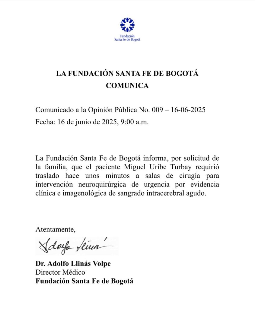 Nuevo parte médico de Miguel Uribe | Fundación Santa Fe.