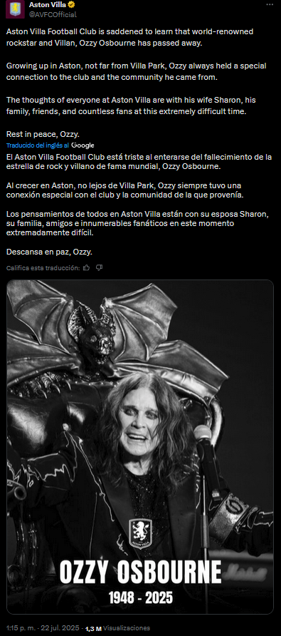 Aston Villa también lamenta la muerte de uno de sus aficionados favoritos. | Foto X: @AVFCOfficial