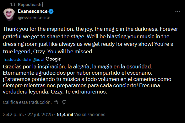 Evanescence manda un mensaje por la muerte de Ozzy. | Foto X: @evanescence