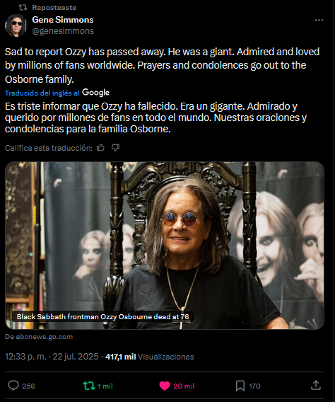 Gene Simmons y su mensaje por la muerte de Ozzy. | Foto X: @genesimmons