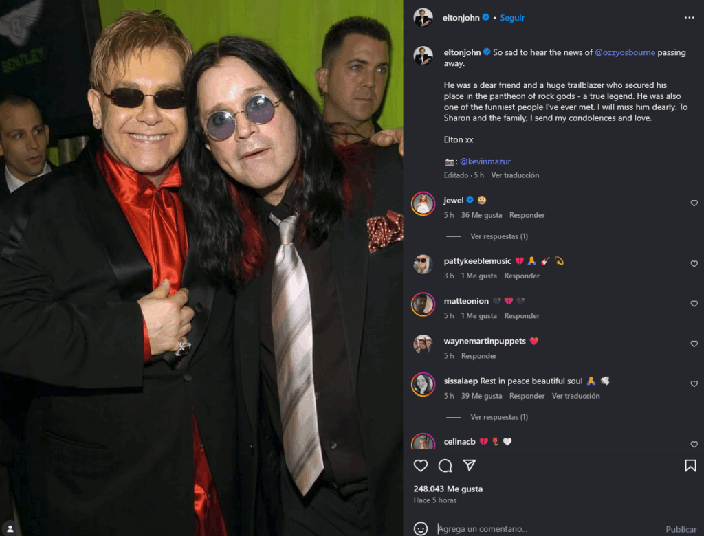 Elton John lamenta la muerte de Ozzt. | Foto Instagram: eltonjohn