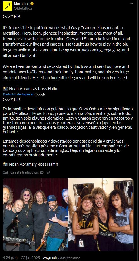 Metallica y el legado de Ozzy. | Foto X: @Metallica