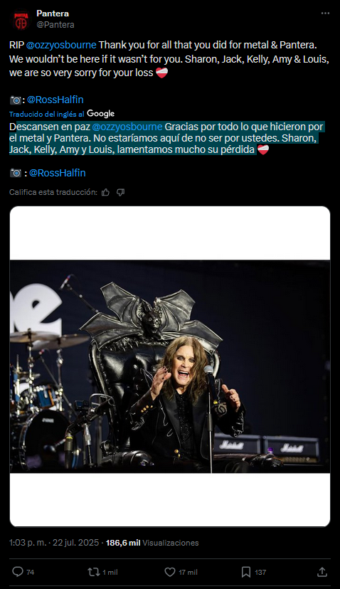 Pantera se despide de Ozzy. | Foto X: @Pantera