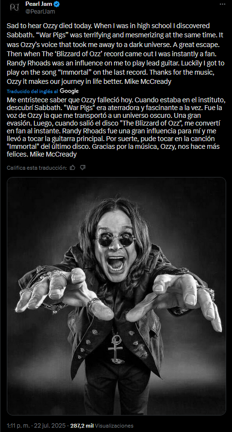 Pearl Jam manda un emotivo mensaje. | Foto X: @PearlJam