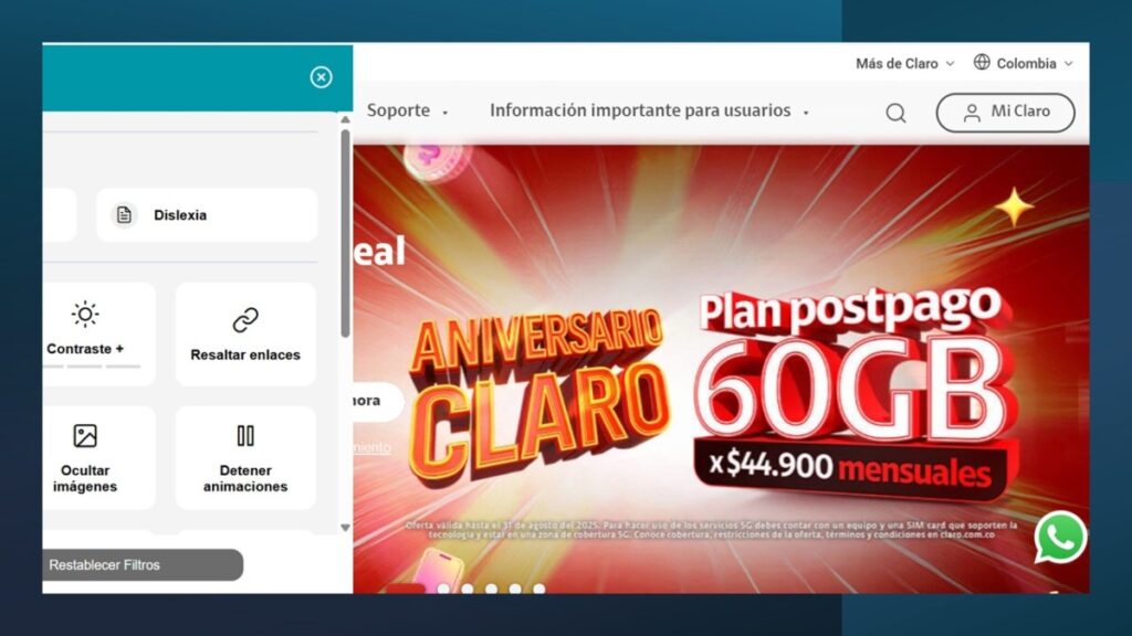 Cambios en la página de Claro Colombia.