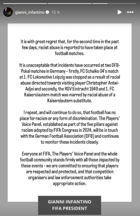 Gianni Infantino reprueba el racismo