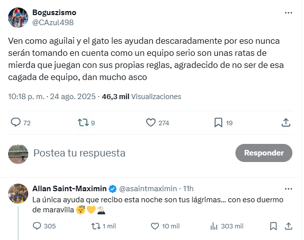 Saint-Maximin respondió a varios comentarios y mensajes tras su gol, sin embargo, se topó con uno de Cruz Azul que dio pie a la polémica
