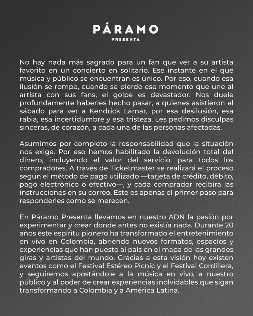 Comunicado de Páramo Presenta. - @paramopresenta.