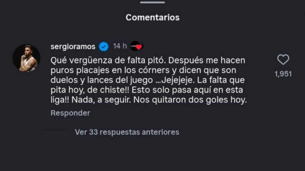 Comentario de Sergio Ramos en Instagram