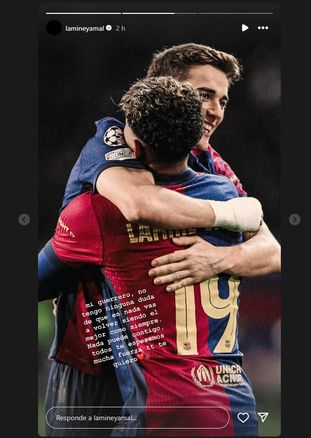 La lesión de Gavi propició diversos mensajes de apoyo para el jugador en redes sociales, el más destacado, el de Lamine Yamal.