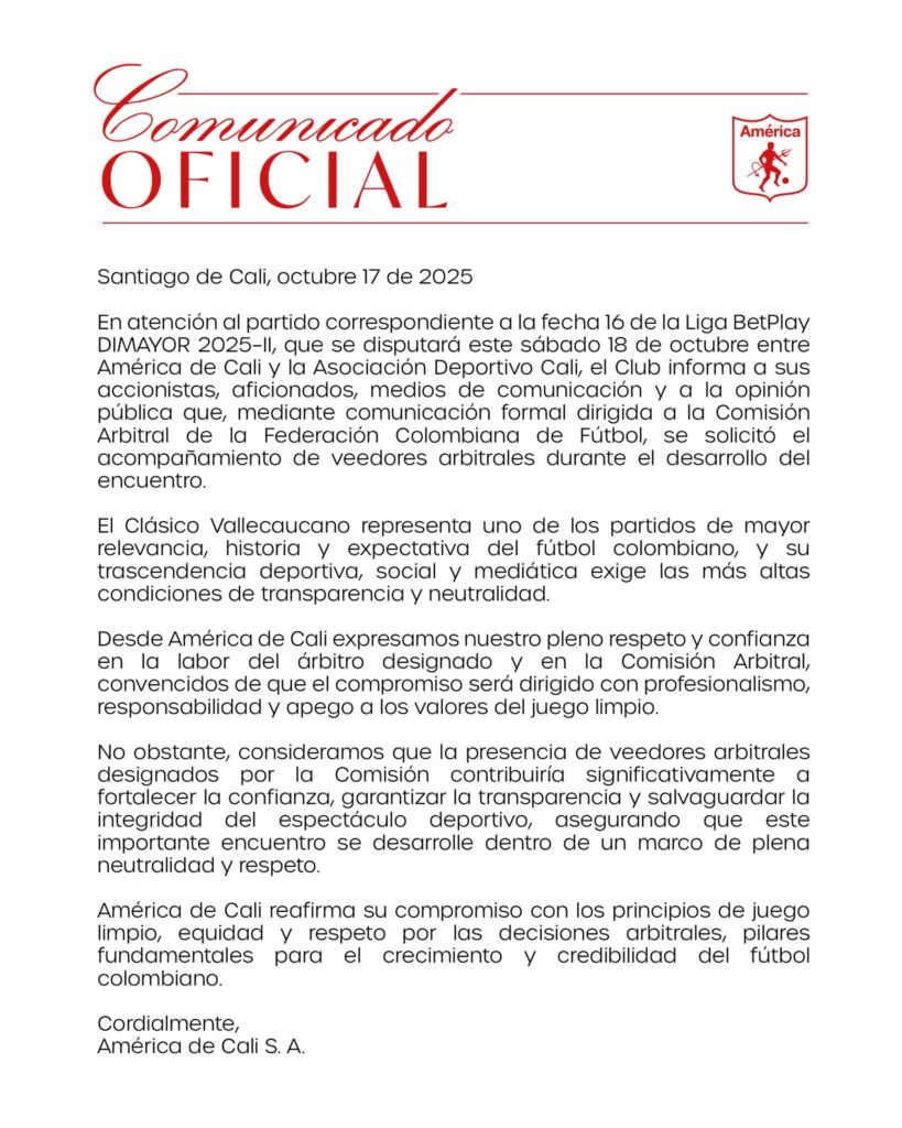 Comunicado América de Cali.