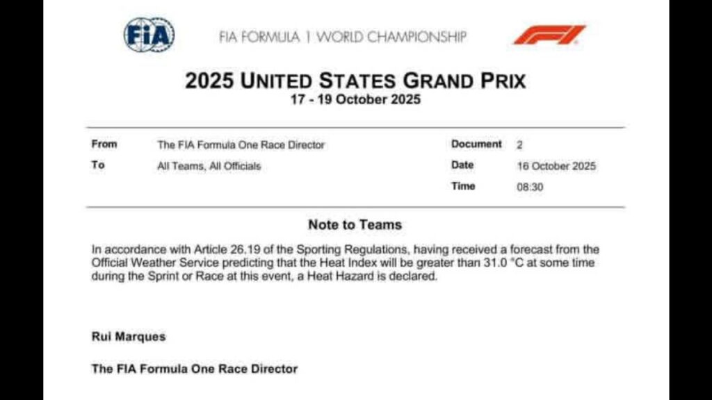 FIA emite alerta por calor extremo en Austin para el GP Estados Unidos F1 2025