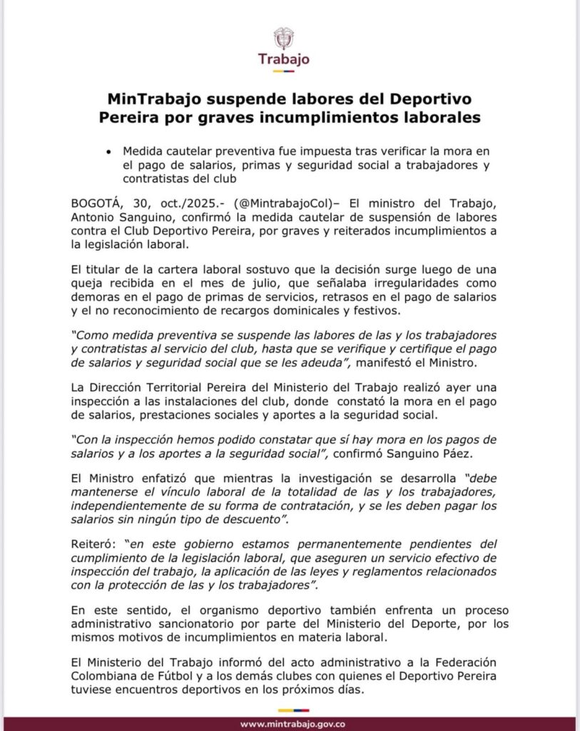 Comunicado del Ministerio de Trabajo de Colombia.