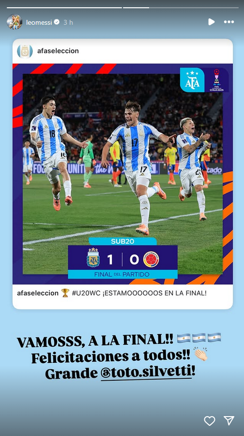 Messi felicita a la selección sub 20. Foto INstagram: @leomessi