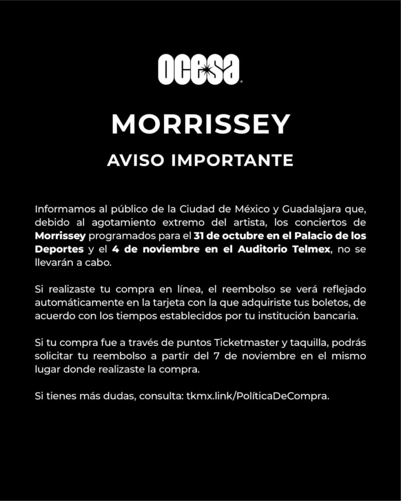 Morrissey cancela conciertos en México ¿Cómo pedir tu reembolso?