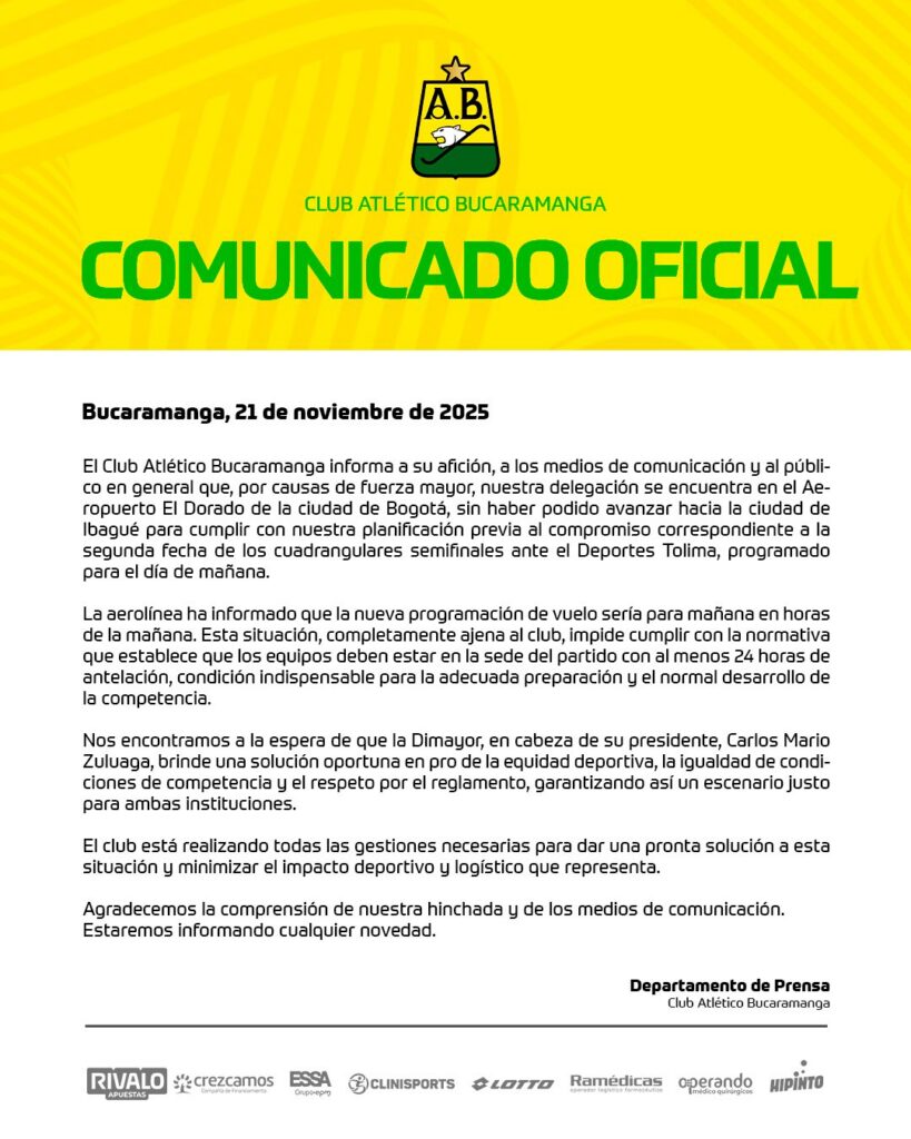 El comunicado de Atlético Bucaramanga sobre su retraso. - @ABucaramanga.