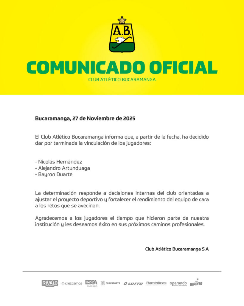 El comunicado de Atlético Bucaramanga. - @ABucaramanga.