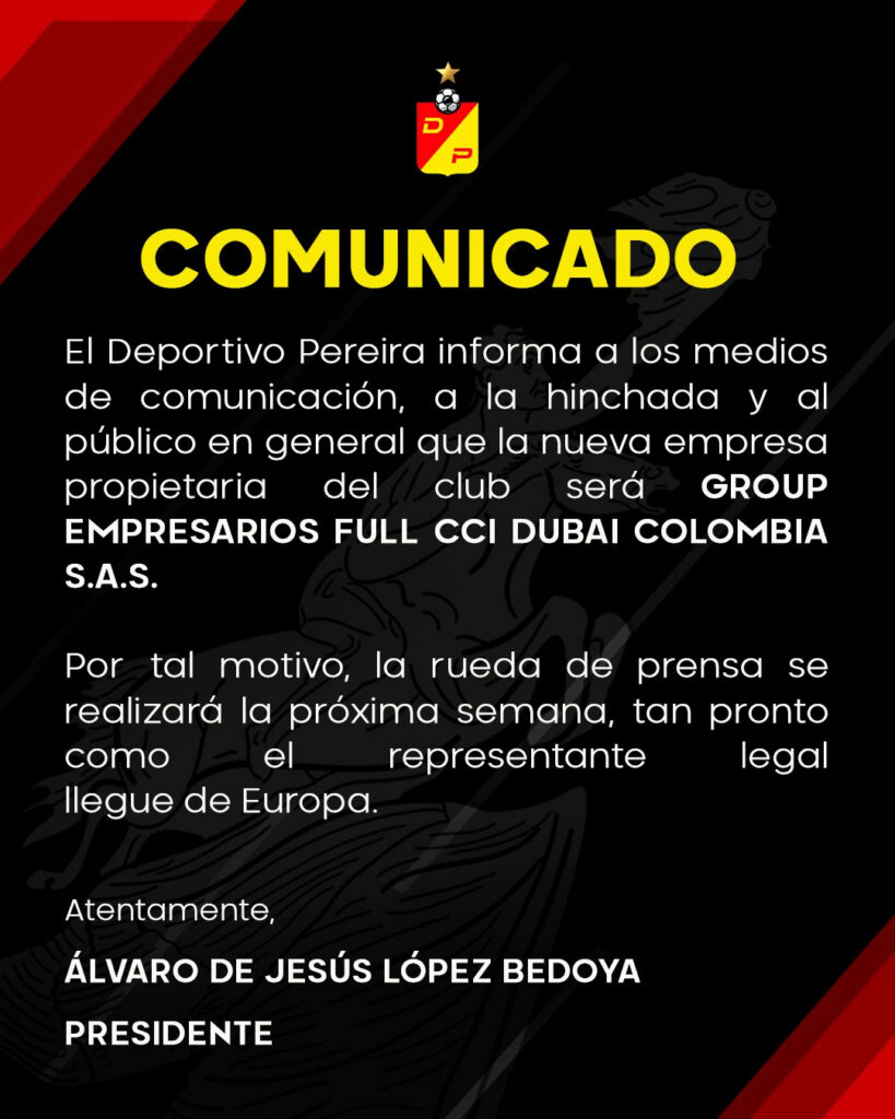 Comunicado del Deportivo Pereira. - @DeporPereiraFC.