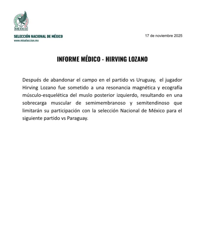 Chucky Lozano dejó el duelo ante Uruguay por una sobrecarga muscular en el muslo izquierdo. No jugará contra Paraguay y está en evaluación.