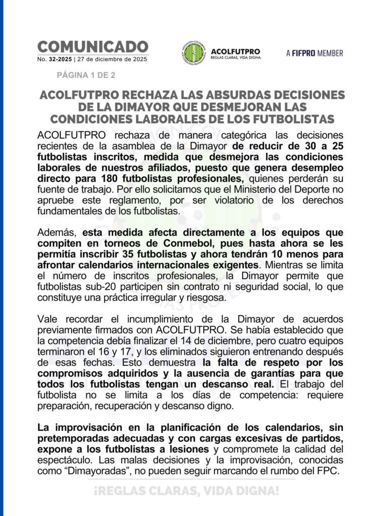 Comunicado de Acolfutpro.