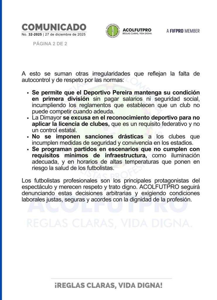 Comunicado de Acolfutpro.