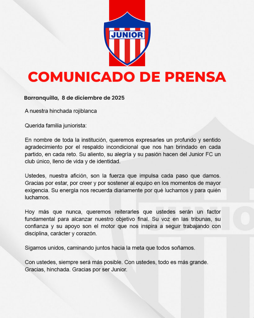 Comunicado oficial de Junior. - @JuniorClubSA.