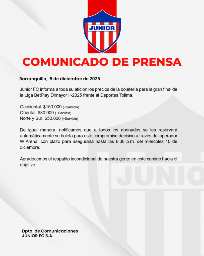 Comunicado oficial de Junior. - @JuniorClubSA.
