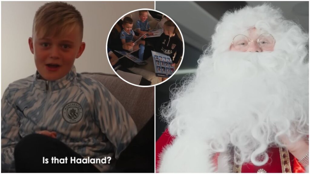 Haaland dejó el balón por un día y se disfrzó ed Santa Claus para visitar y dar regalos a las niñas y niños de Manchester