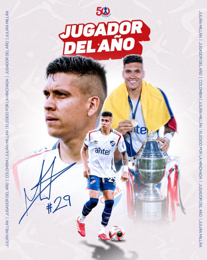Julián Millán, defensor central colombiano, fue elegido por los hinchas de Nacional de Uruguay como el mejor jugador del año