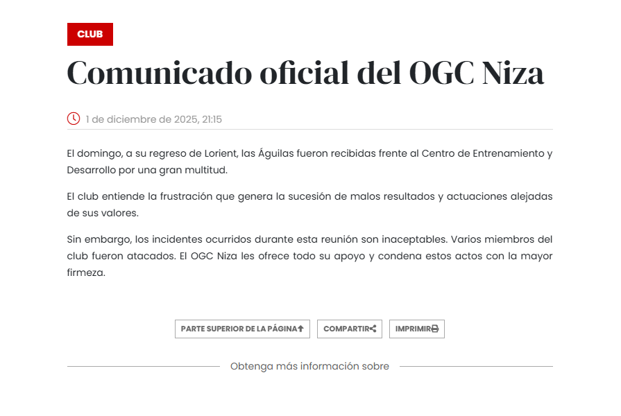 Comunicado del Niza por agresiones a jugadores