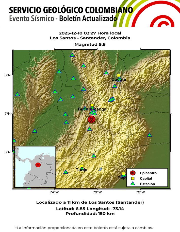 Reporte oficial del sismo en Colombia. - Servicio Geológico Colombiano.