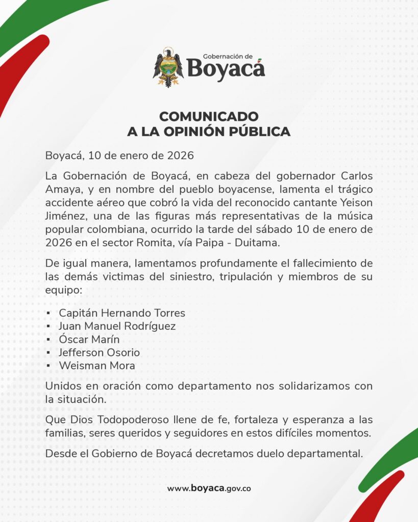 Comunicado de la Gobernación de Boyaca. - @GobBoyaca.