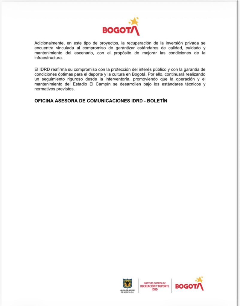 Comunicado oficial del IDRD respecto al mal estado de la grama de El Campín
