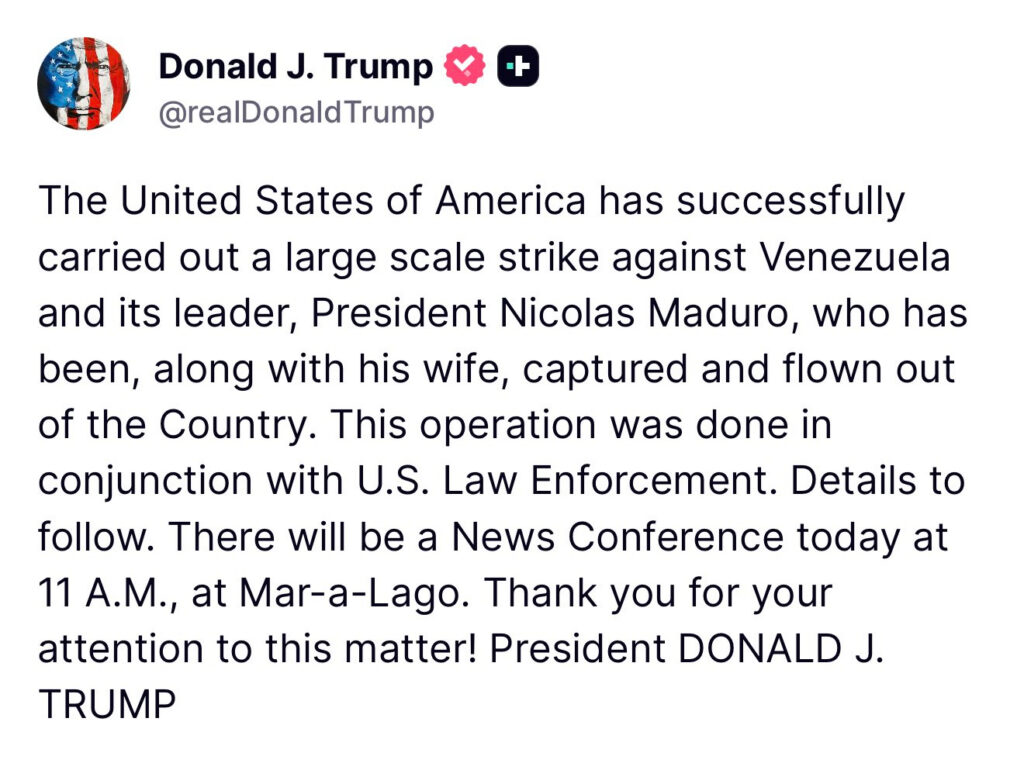 Donald Trump confirma captura de Nicolás Maduro. - @realDonaldTrump.