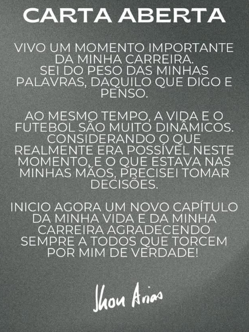 Carta abierta de Jhon Arias explicando su fichaje al Palmeiras.