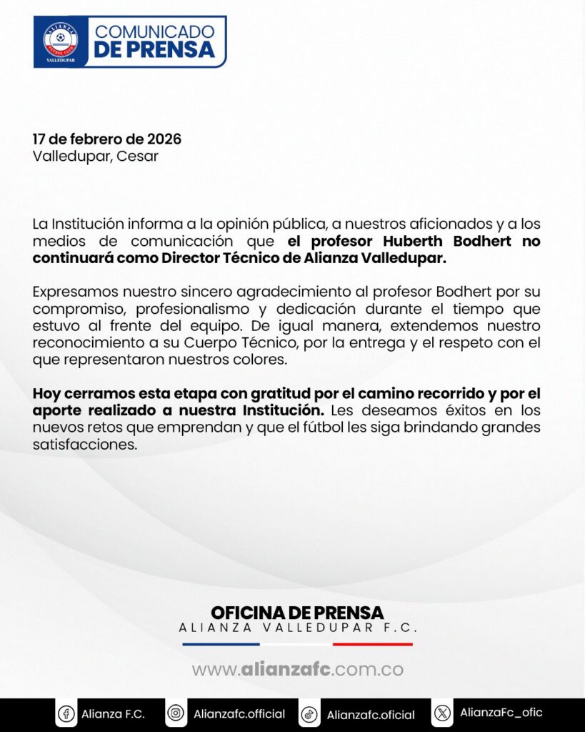Comunicado oficial de Alianza FC despidiendo a Hubert Bodhert