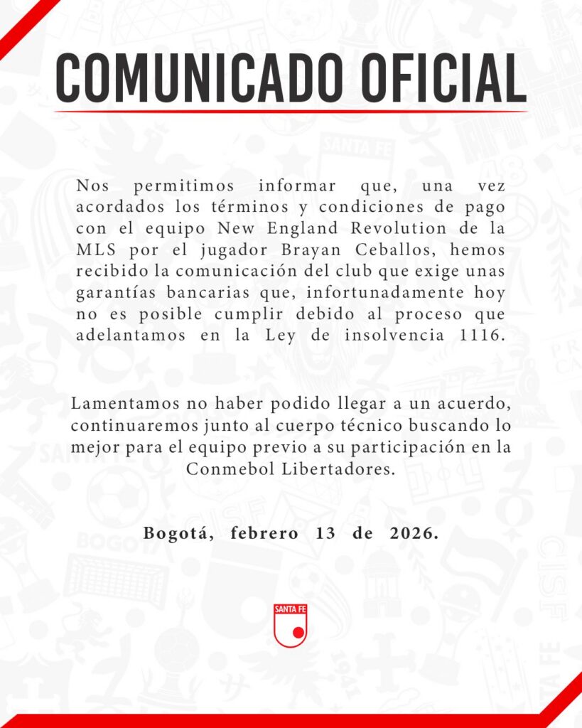 Comunicado oficial de Independiente Santa Fe sobre Brayan Ceballos