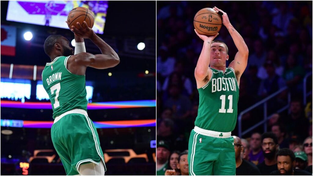 Los Lakers no pudieron con Jaylen Brown y Payton Pritchard. IMAGN IMAGES via Reuters Connect
