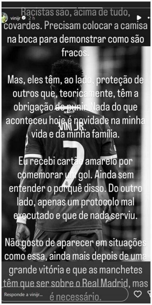 Mensaje de Vinicius sobre los insultos racistas. Foto Instagram: @vinijr