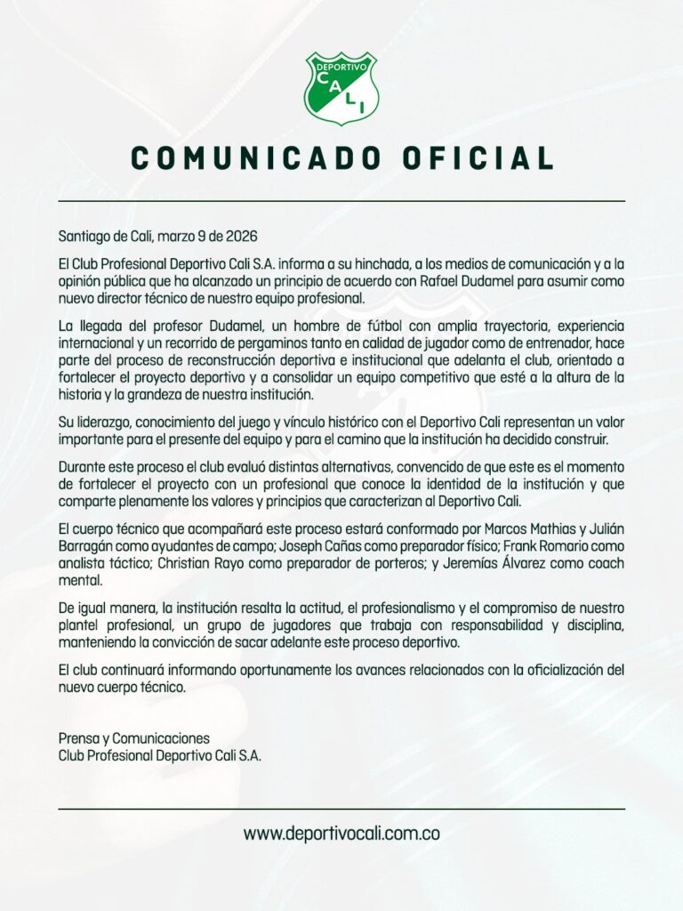 Comunicado del Deportivo Cali sobre Rafael Dudamel