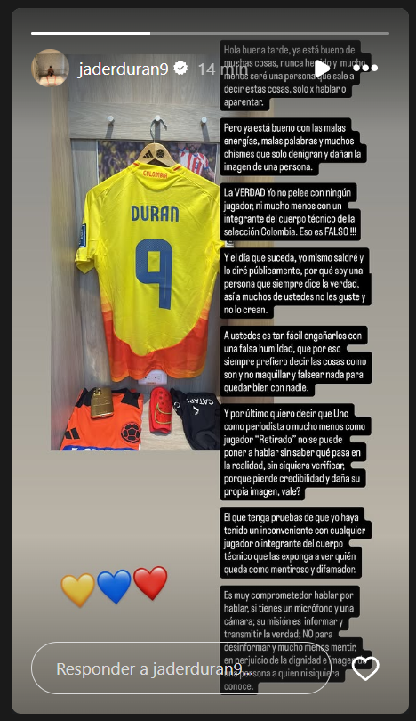 Jhon Durán se pronunció en sus redes sociales sobre las supuestas peleas en la Selección Colombia