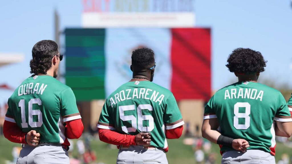 Randy Arozarena, Jarren Duran y Jonathan Aranda durante el México vs Arizona Diamondbacks