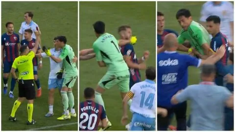 ¡Se volvió loco! Esteban Andrada, exportero de Rayados, lanza un brutal puñetazo al capitán del Huesca