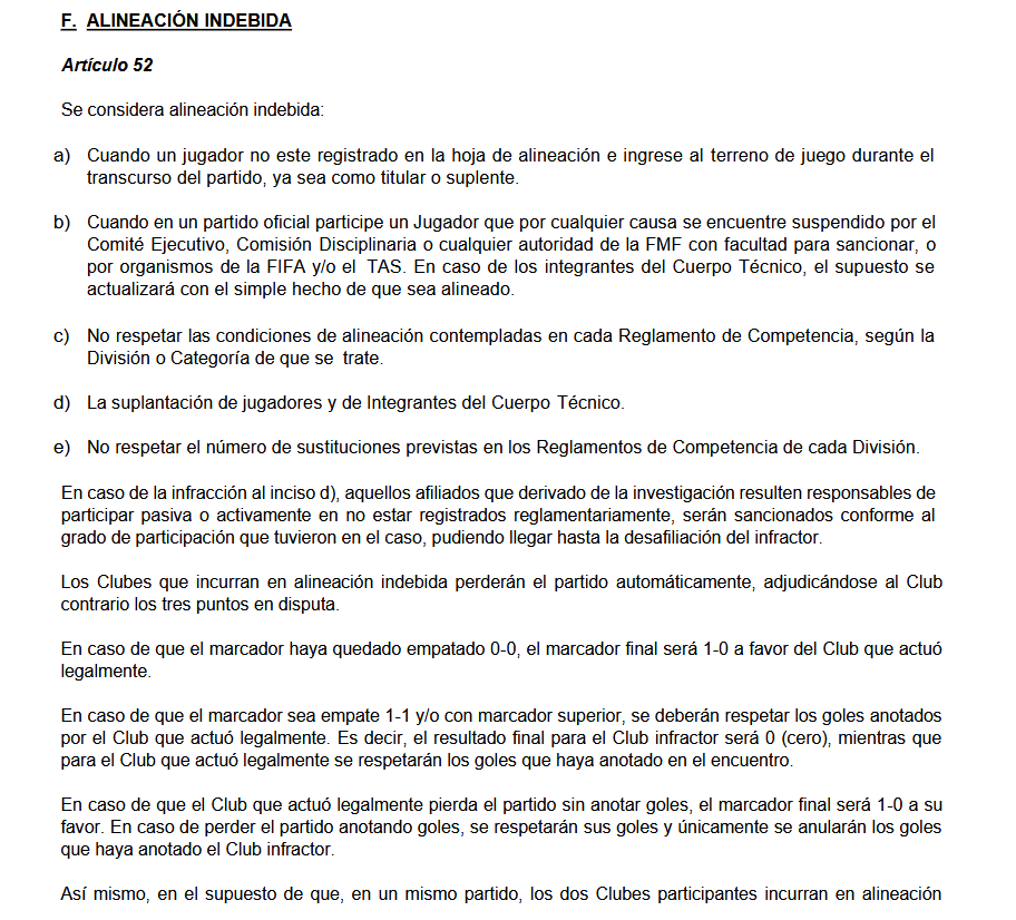 Artículo 52 del reglamento de sanciones de la FMF. Foto print: https://fmf.mx
