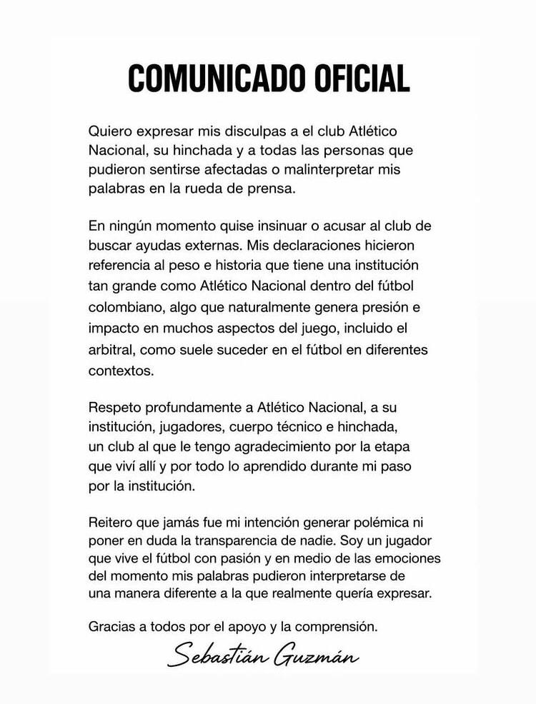 Comunicado de Sebastián Guzmán. - @_sebasguzman10.