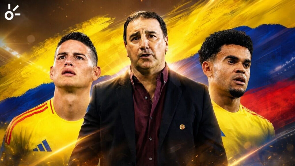 James Rodríguez, Néstor Lorenzo y Luis Díaz. - AFP y Claro Sports.