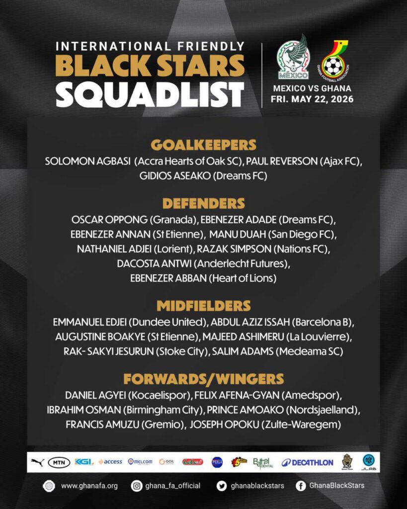 Convocatoria selección de Ghana para el duelo ante México. Foto X: @ghanafaofficial